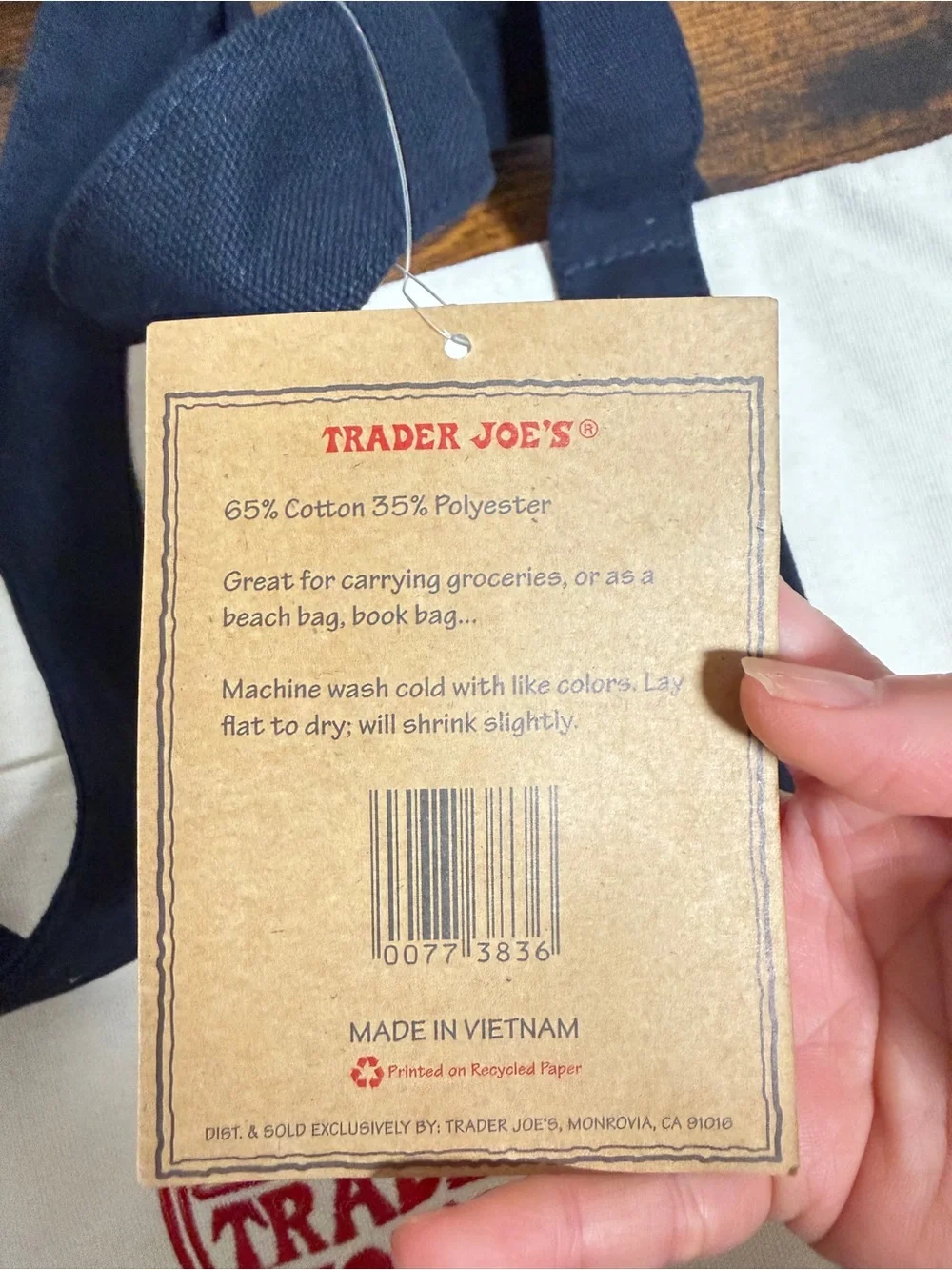 Authentic Trader Joe’s Canvas Tote Bag Navy Natural Shopper Grocery NEW